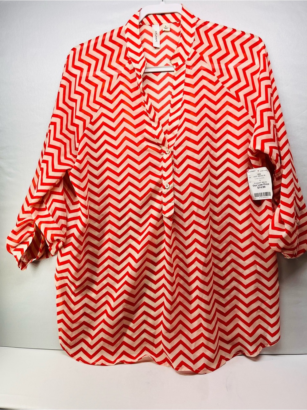 Tacera Red & Cream Chevron‎ Button-Front Blouse